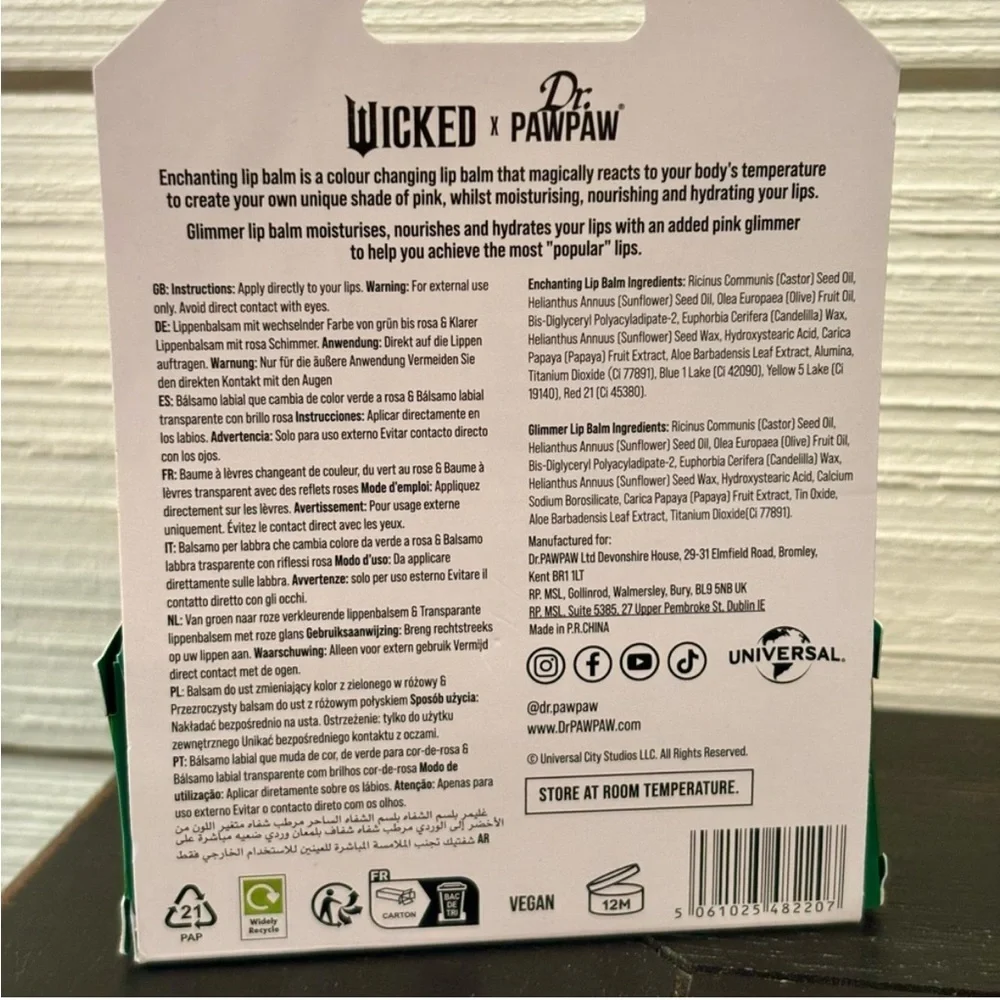 Wicked‎ Movie Dr. PawPaw Glimmer Lip Balm Duo Set Enchanting Colour Changing NEW